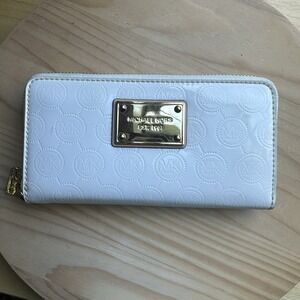 Michael Kors Continental Wallet 7 Inch White Patent Leather Zip Around MK Logo